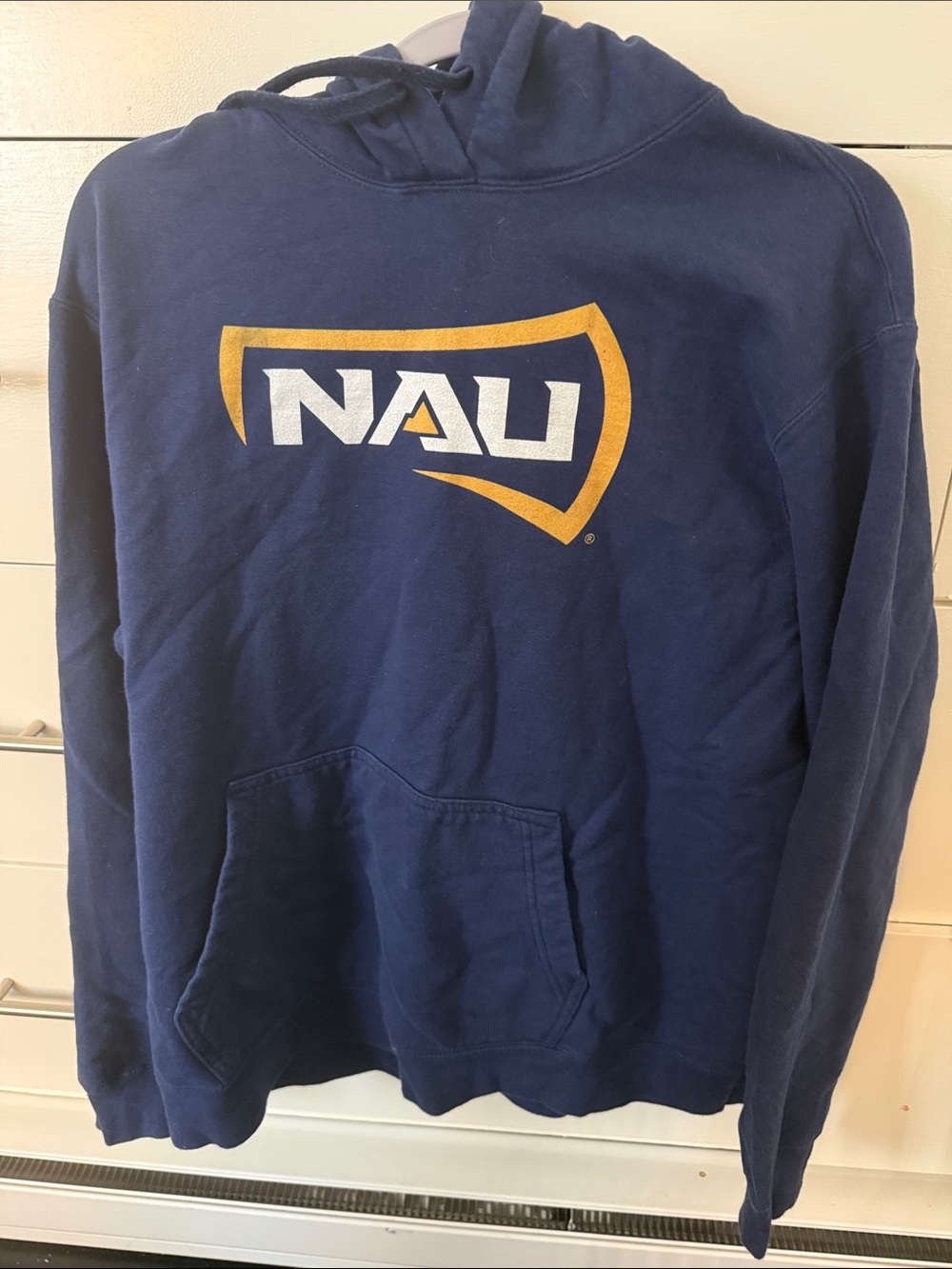Port and Company Navy Blue Hoodie with Gold collegiate NAU Logo, Woman's Large